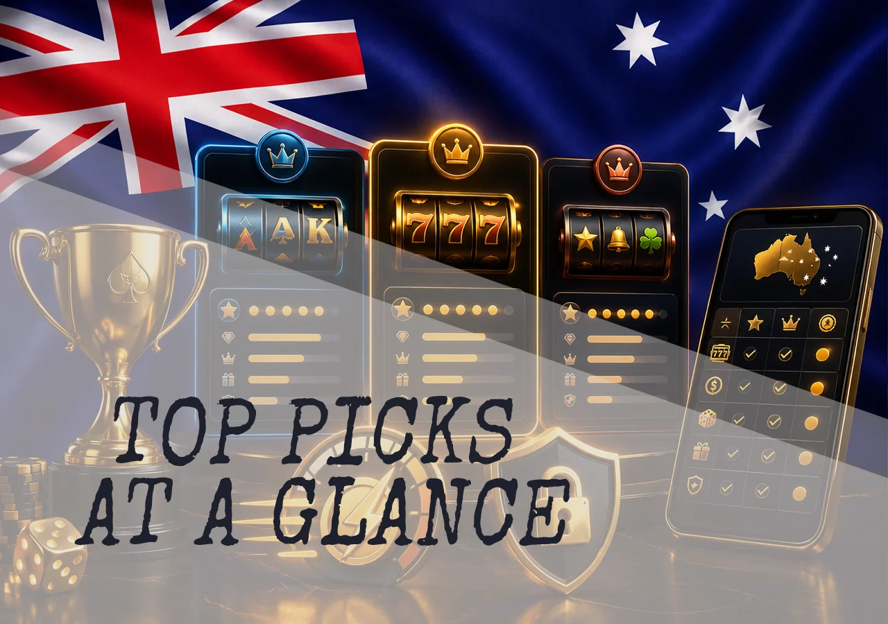 Quick selection of the best Australian online casinos with top cards, trophy, and fast payout symbols